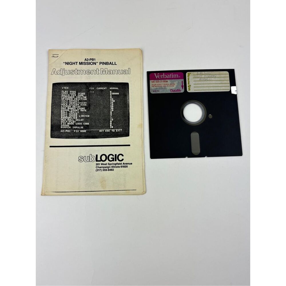 1980s A2-PB1 Night Mission Pinball Game & Adjustment Manual SubLogic Apple II EY
